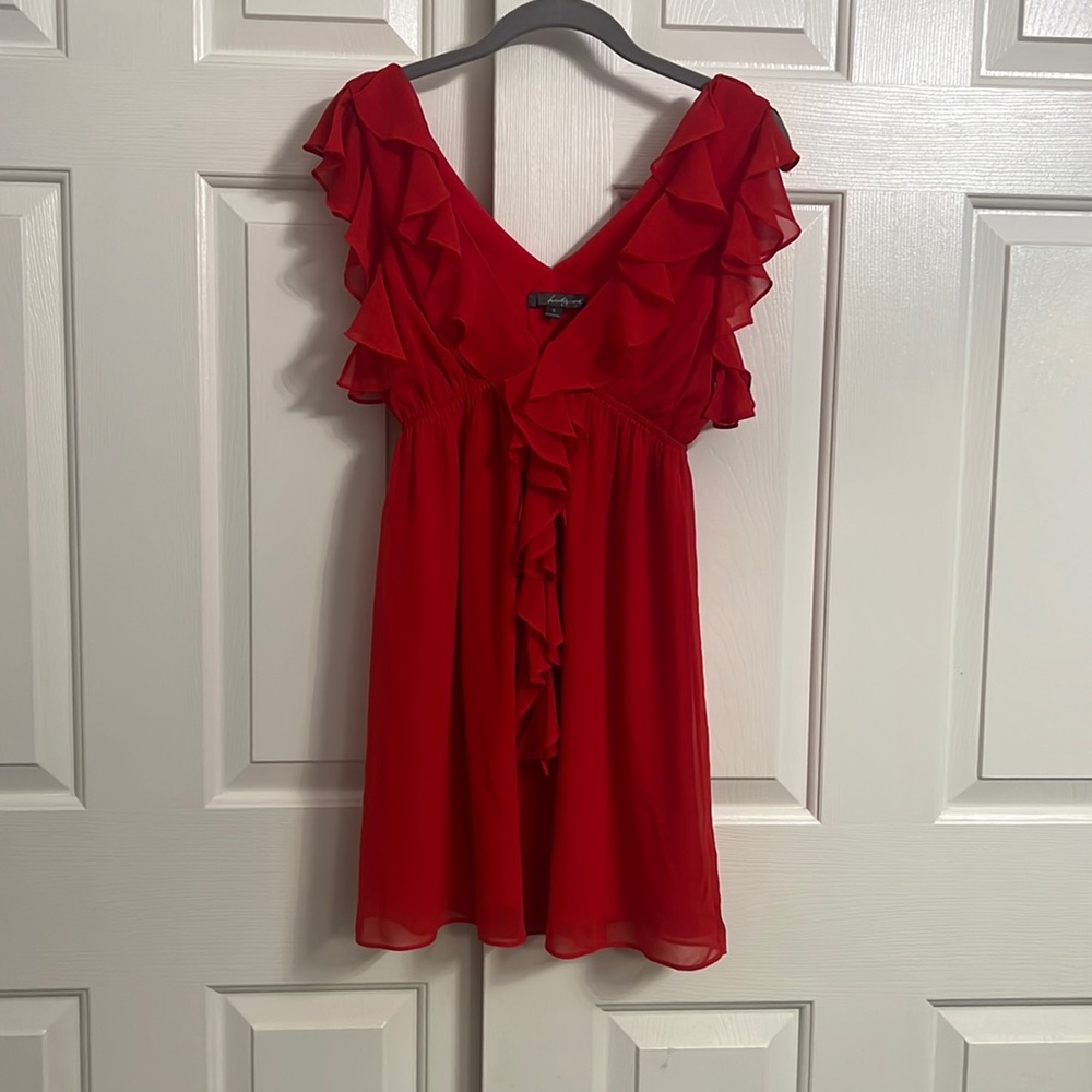 U82- Twenty One Red Chiffon Ruffles Low V Neck Cocktail Dress Size Small Junior